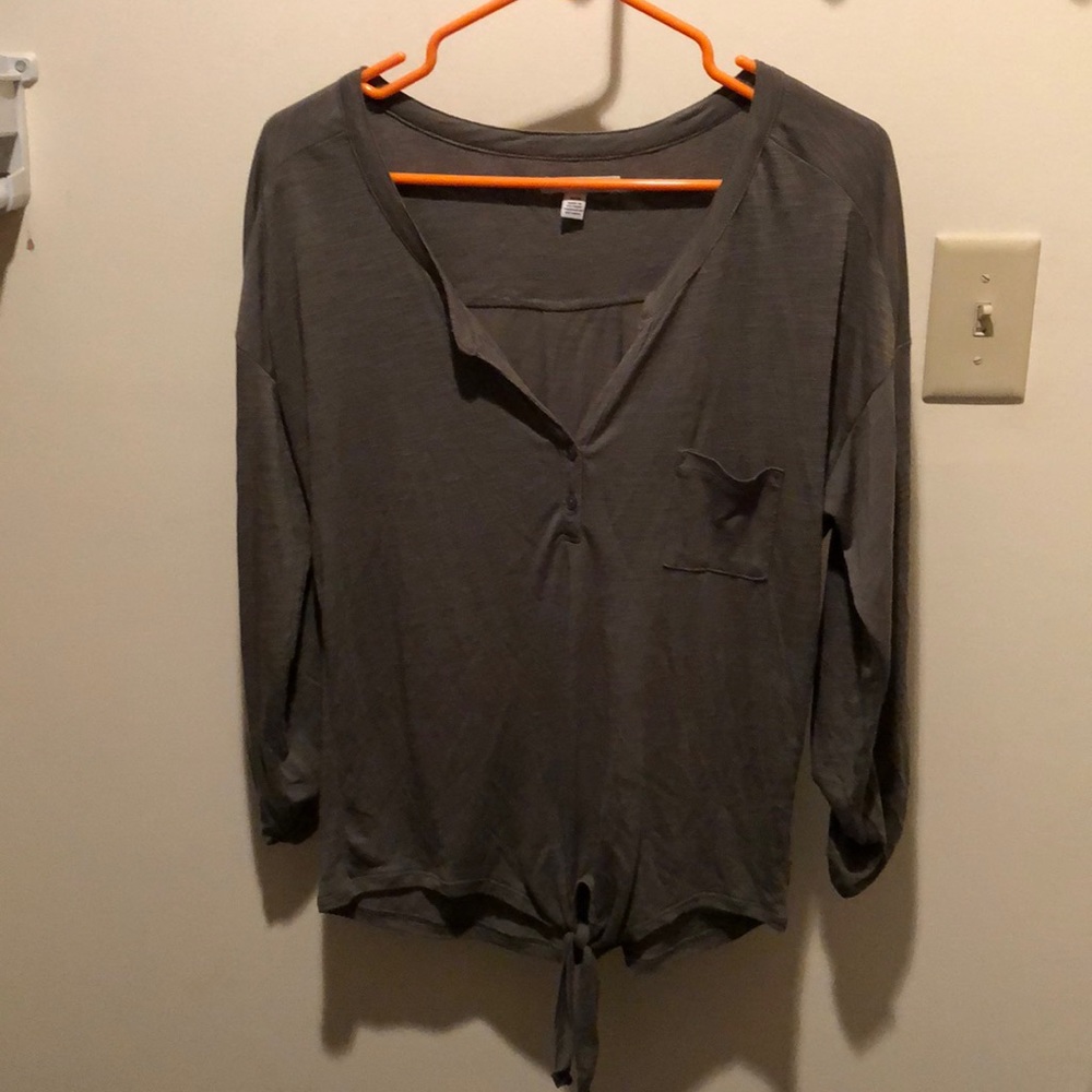 Dark olive green tie front long sleeve shirt